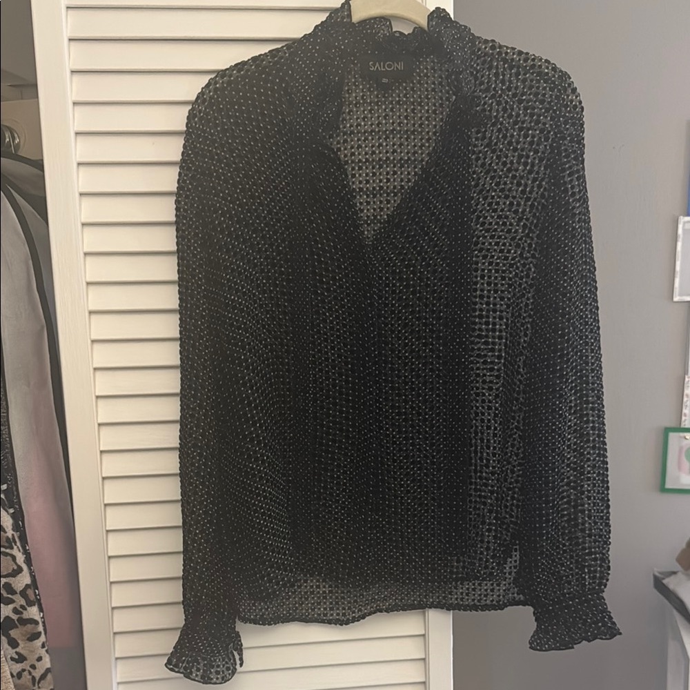 Saloni Black Silk Blend with Velvet Dot Tie Neck Ruffle Collar Women's Blouse 2